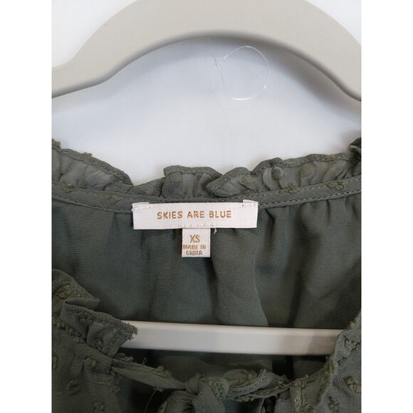 Skies Are Blue Short Dress Tired Ruffled Peasant Sleeve Smocked Women XS Olive‎ - Picture 10 of 12